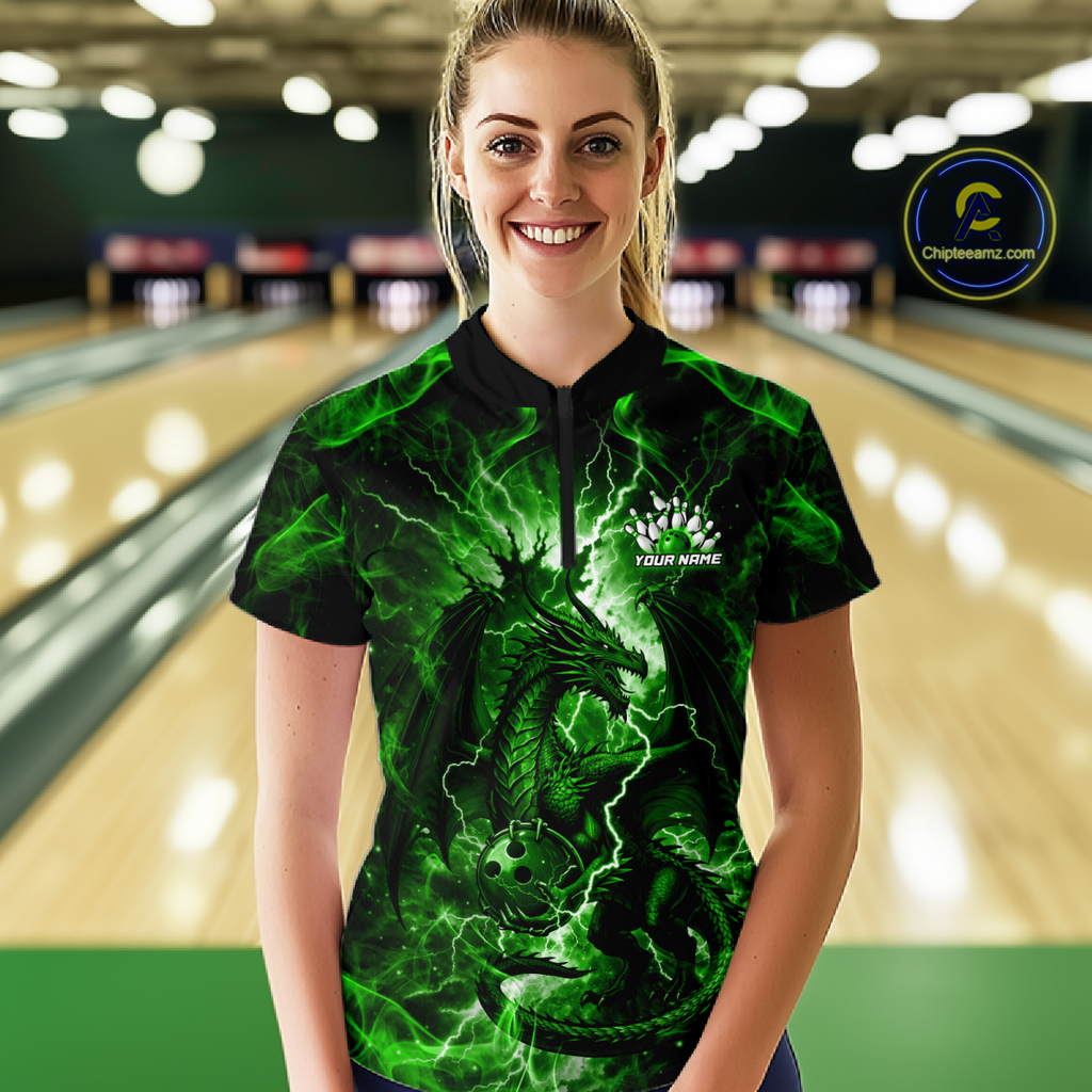 Custom Green Lightning Dragon Bowling Team Shirts Bowling Jerseys Polo & 1/4 Zip