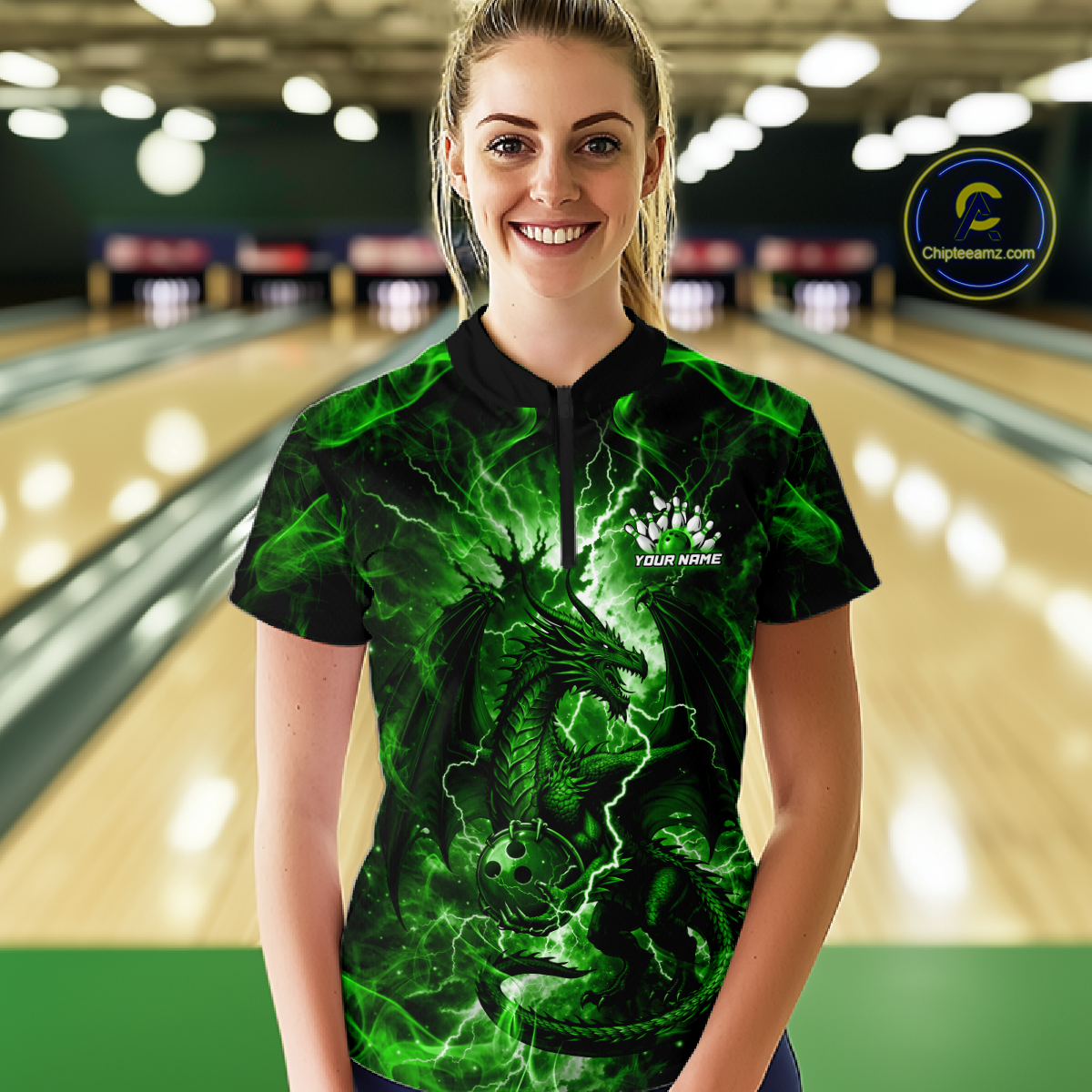 Custom Green Lightning Dragon Bowling Team Shirts Bowling Jerseys Polo & 1/4 Zip