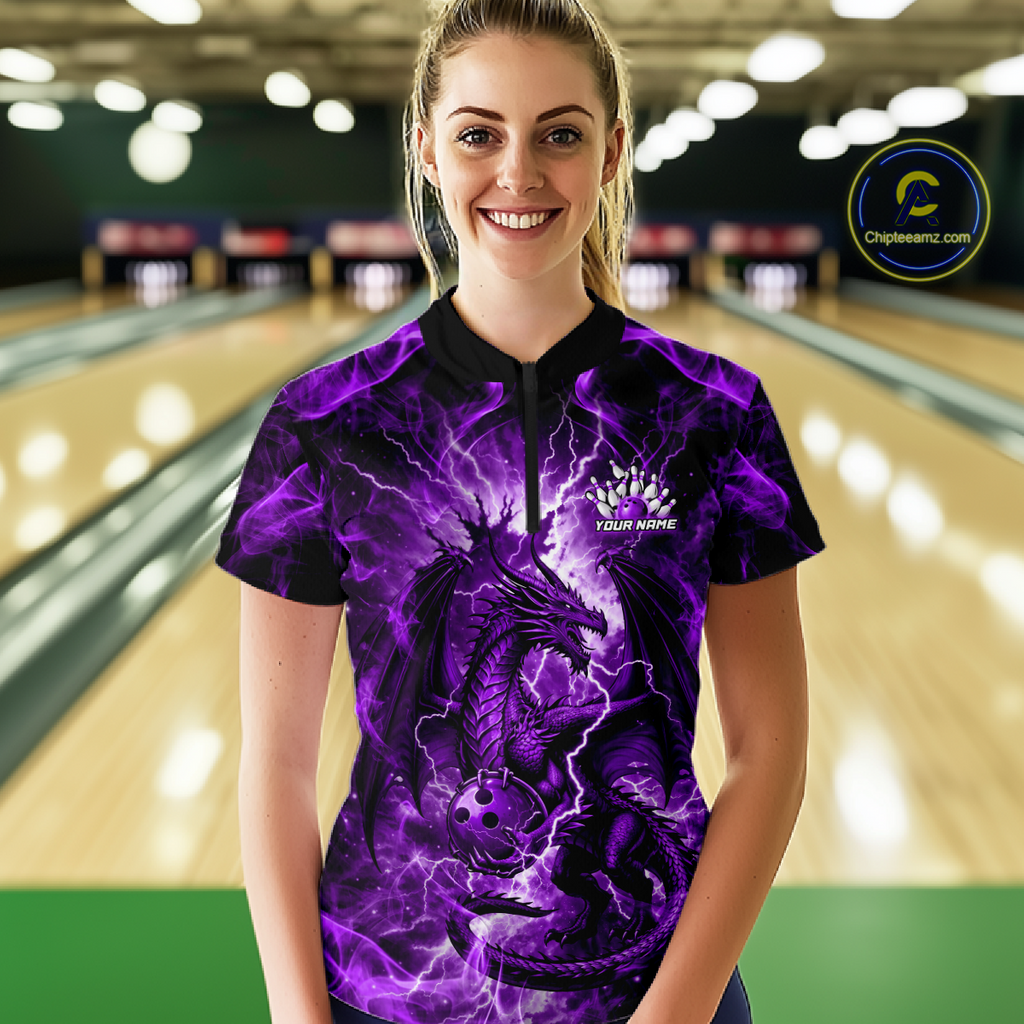 Custom Purple Lightning Dragon Bowling Team Shirts Bowling Jerseys Polo & 1/4 Zip
