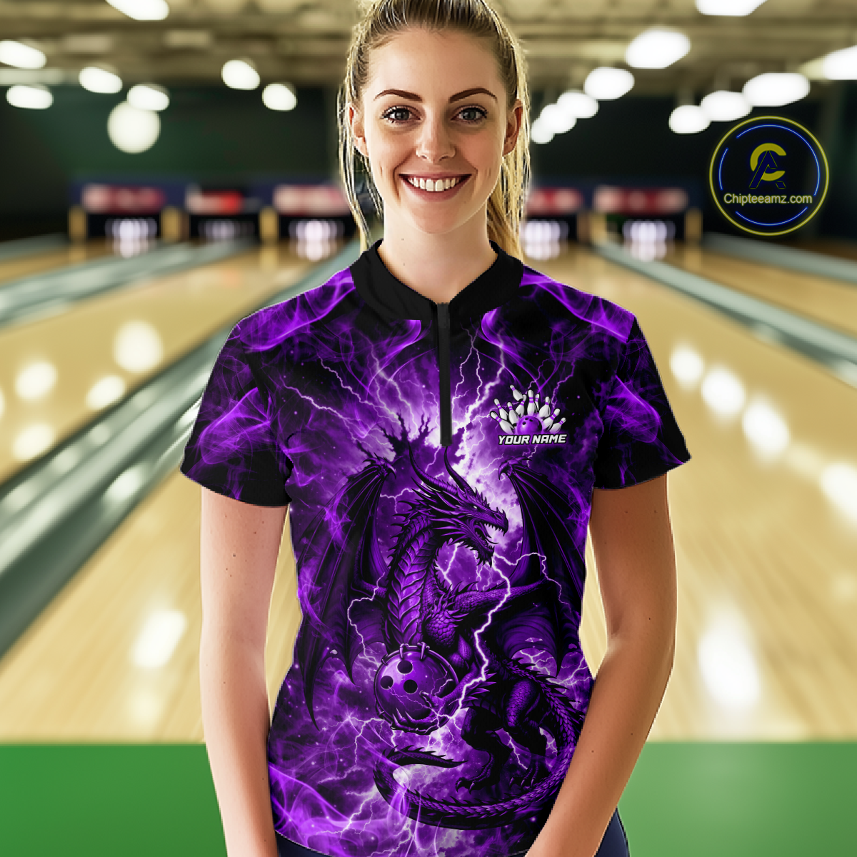 Custom Purple Lightning Dragon Bowling Team Shirts Bowling Jerseys Polo & 1/4 Zip