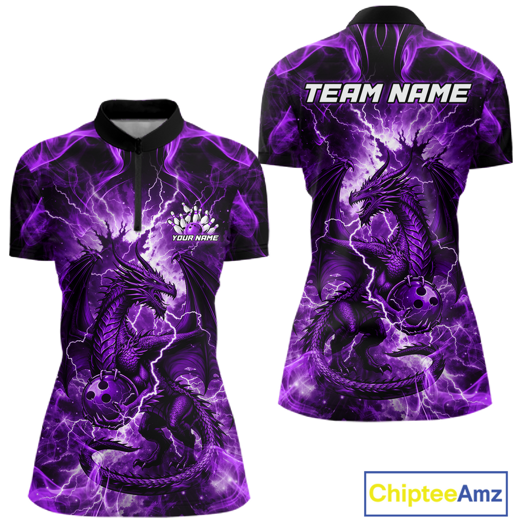 Custom Purple Lightning Dragon Bowling Team Shirts Bowling Jerseys Polo & 1/4 Zip