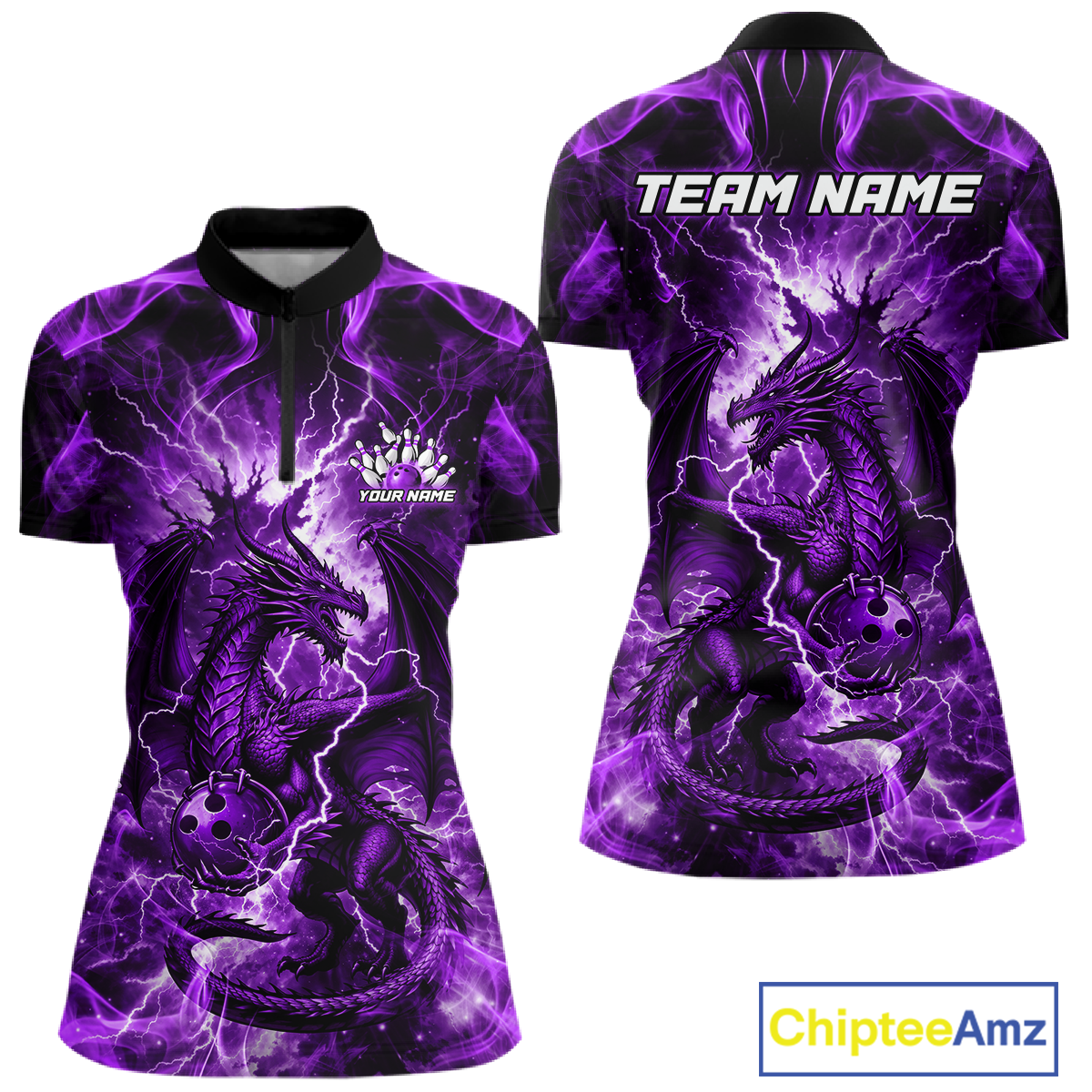 Custom Purple Lightning Dragon Bowling Team Shirts Bowling Jerseys Polo & 1/4 Zip