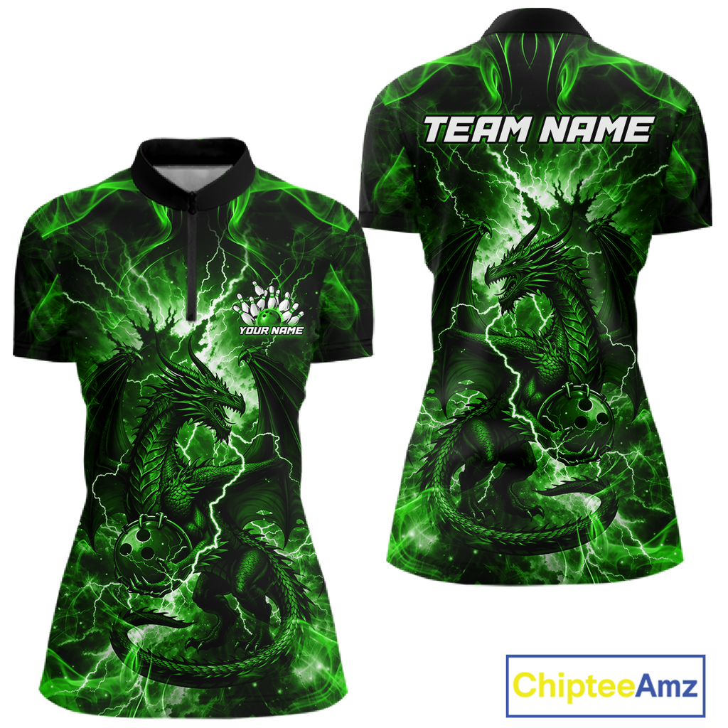Custom Green Lightning Dragon Bowling Team Shirts Bowling Jerseys Polo & 1/4 Zip