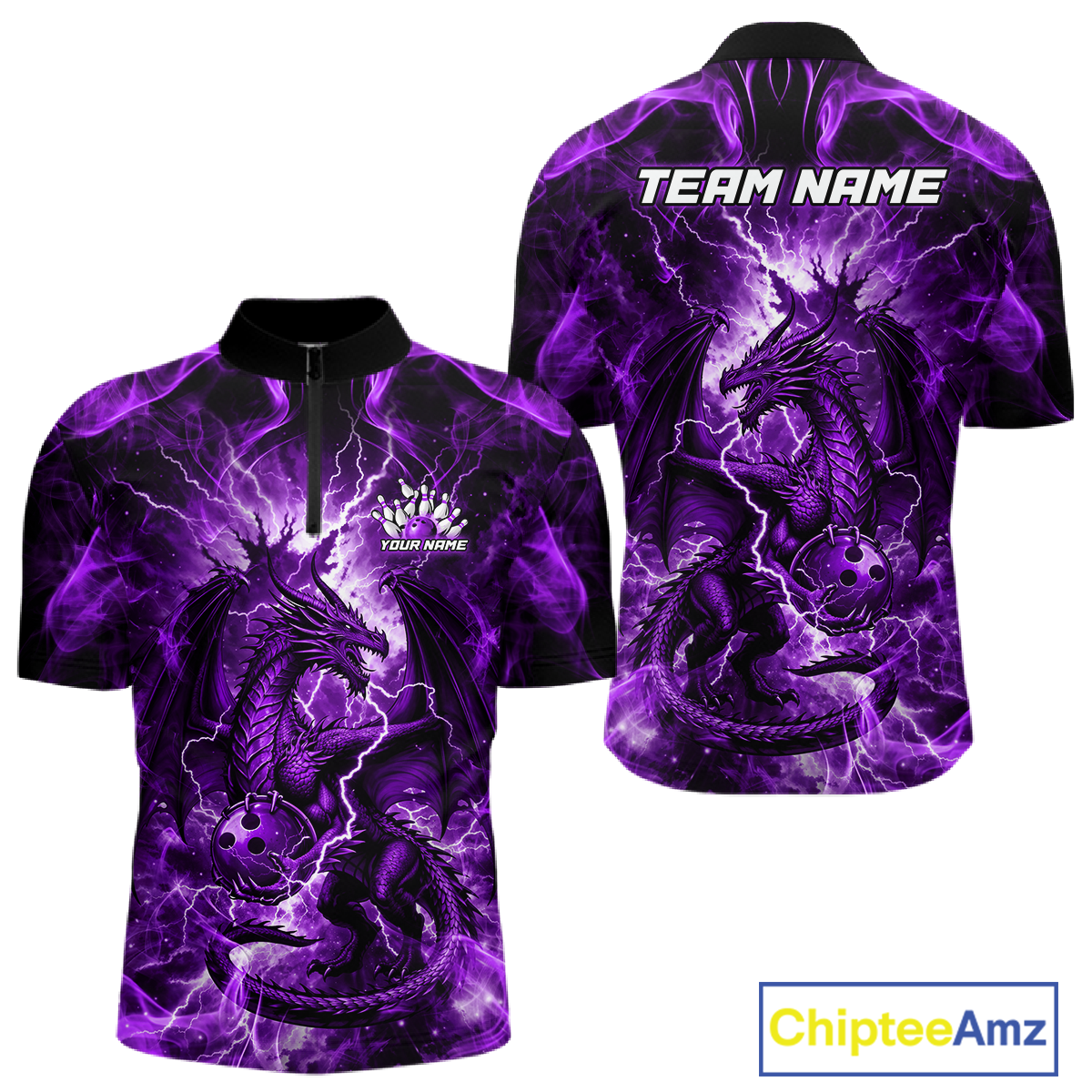 Custom Purple Lightning Dragon Bowling Team Shirts Bowling Jerseys Polo & 1/4 Zip