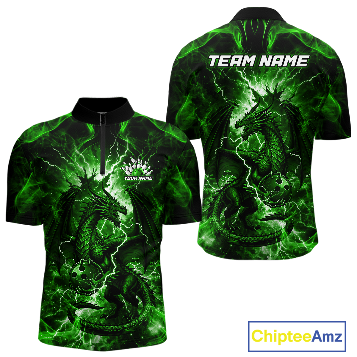 Custom Green Lightning Dragon Bowling Team Shirts Bowling Jerseys Polo & 1/4 Zip