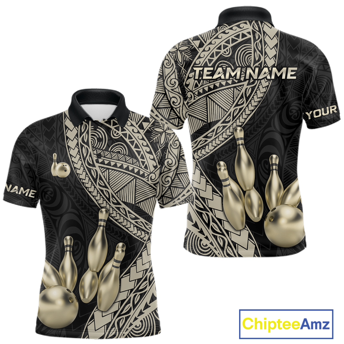 Black and Gold Tribal Pattern Bowling Jersey Bowling Uniform Bowling Team Shirts