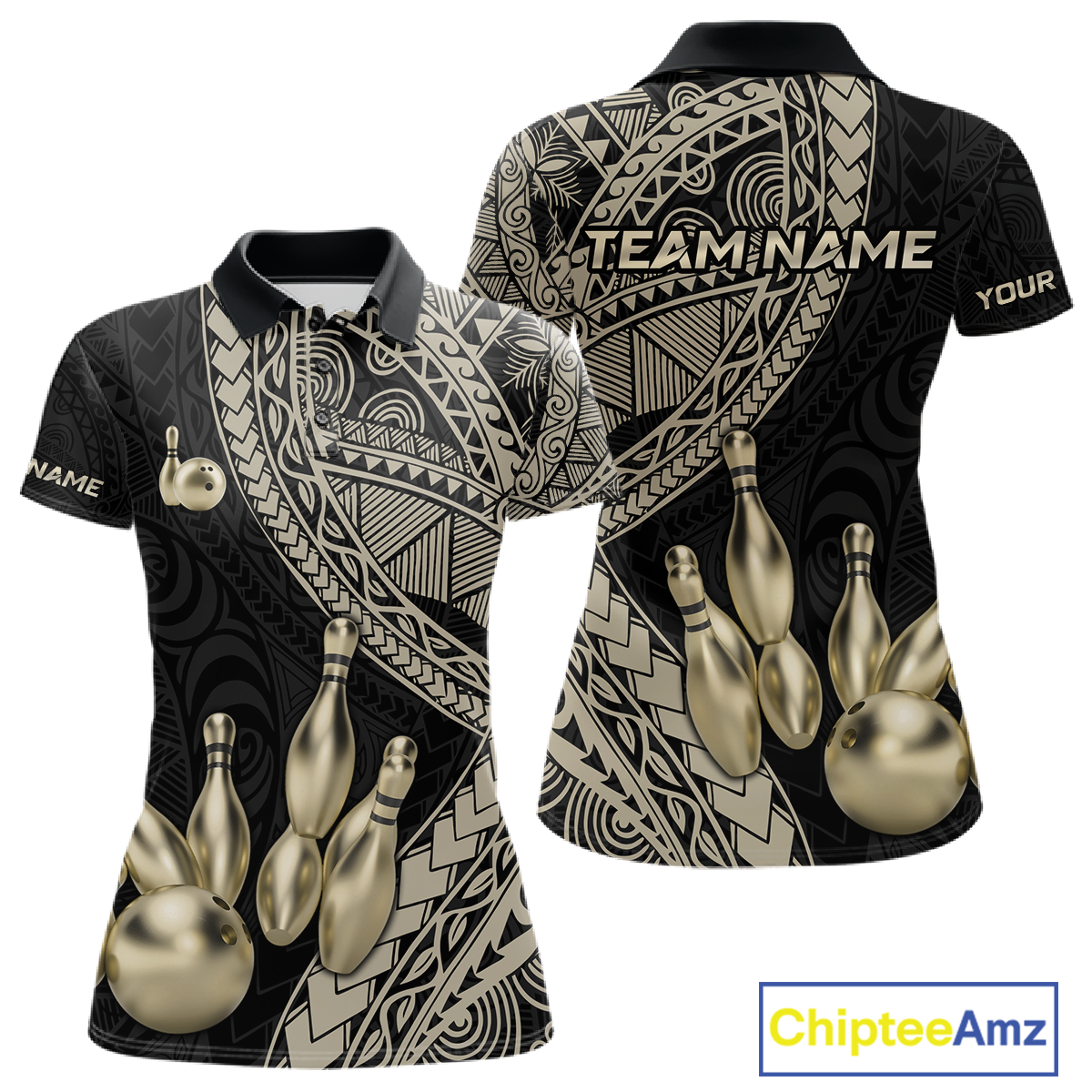 Black and Gold Tribal Pattern Bowling Jersey Bowling Uniform Bowling Team Shirts