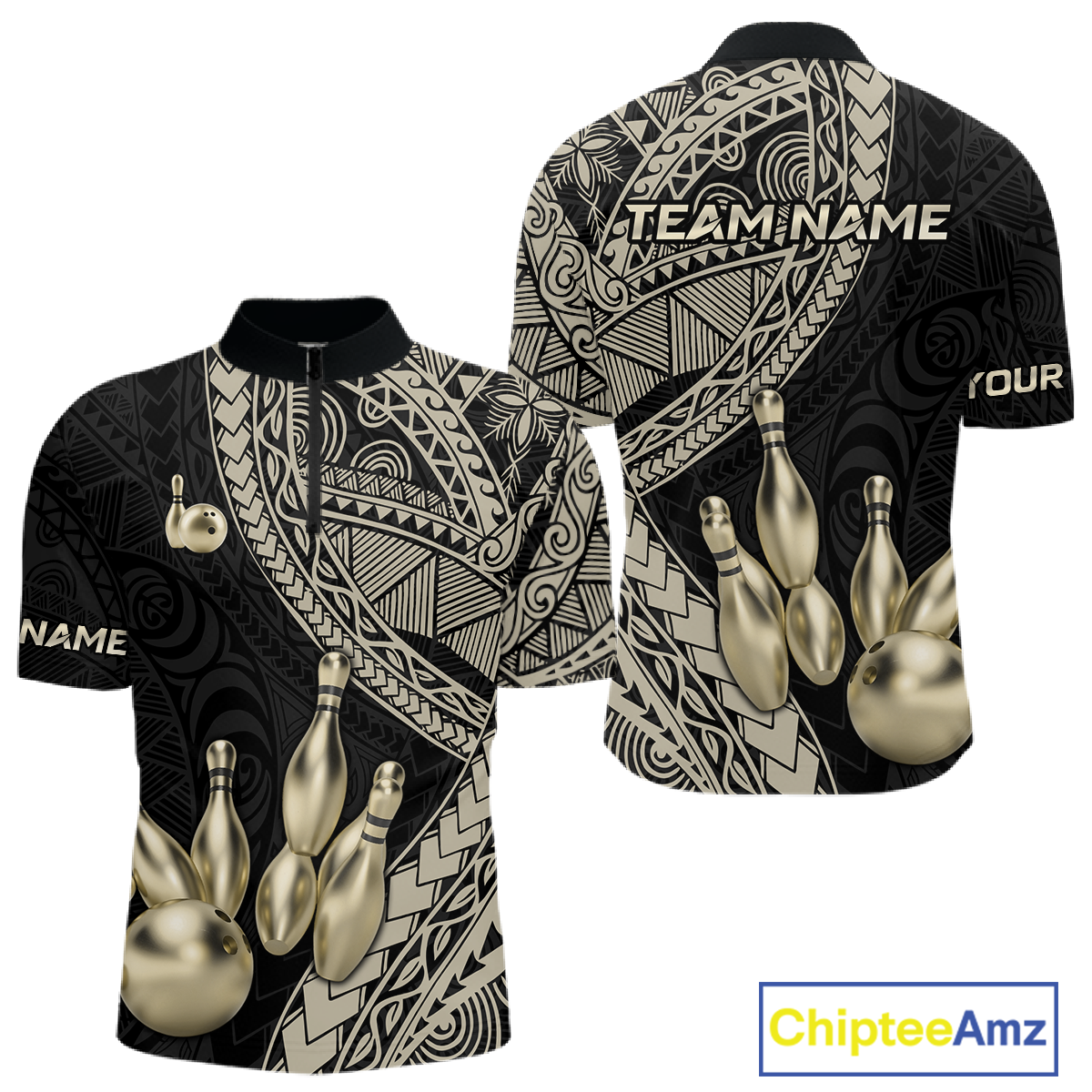 Black and Gold Tribal Pattern Bowling Jersey Bowling Uniform Bowling Team Shirts