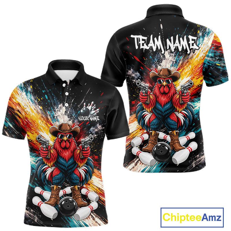 Custom Colorful Funny Cowboy Rooster Gun Bowling Team Shirts Bowling League Shirts