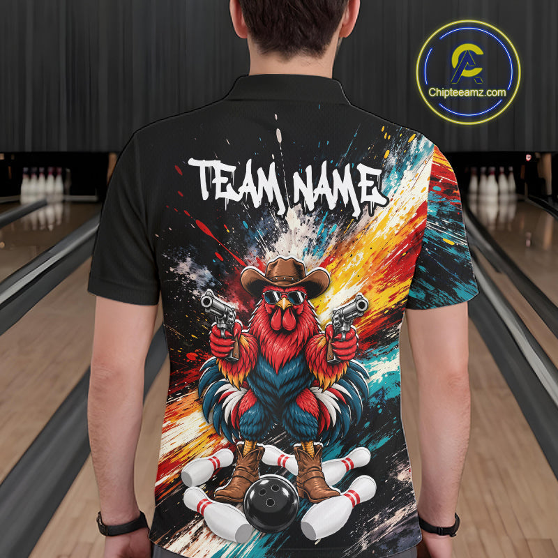 Custom Colorful Funny Cowboy Rooster Gun Bowling Team Shirts Bowling League Shirts