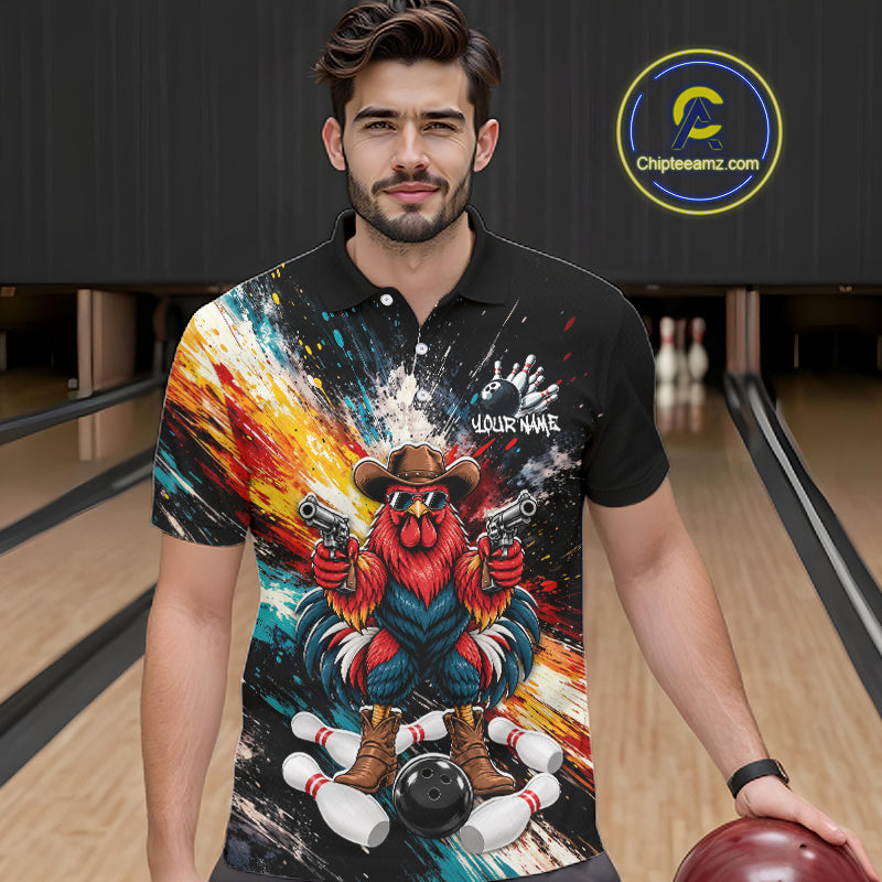 Custom Colorful Funny Cowboy Rooster Gun Bowling Team Shirts Bowling League Shirts
