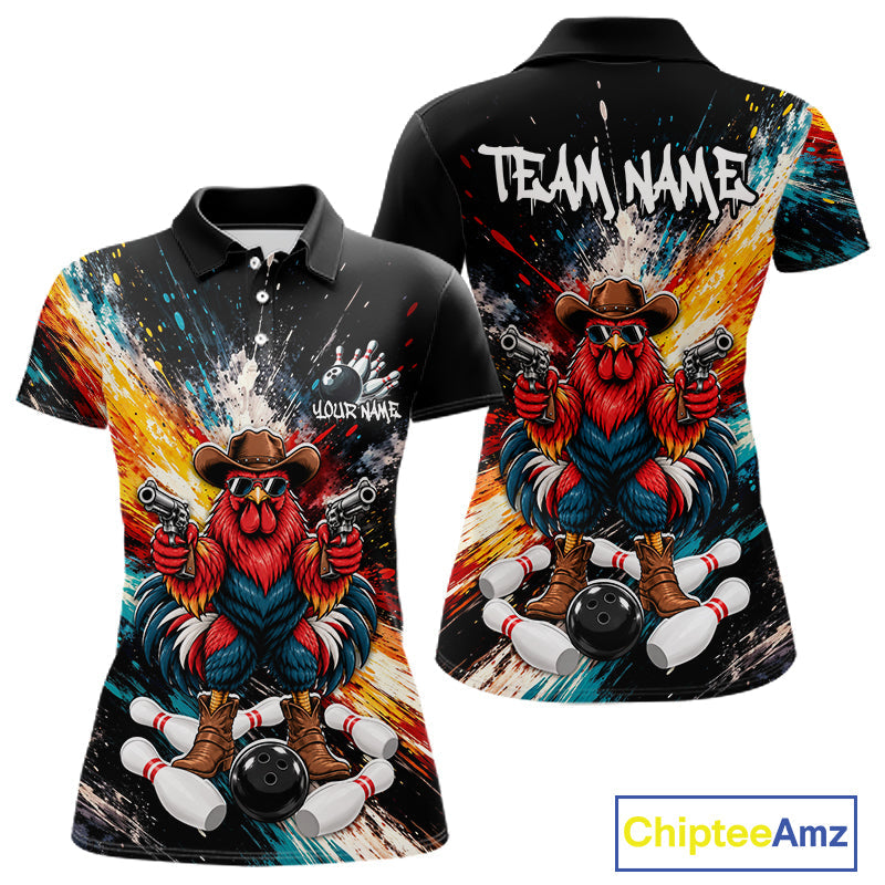 Custom Colorful Funny Cowboy Rooster Gun Bowling Team Shirts Bowling League Shirts