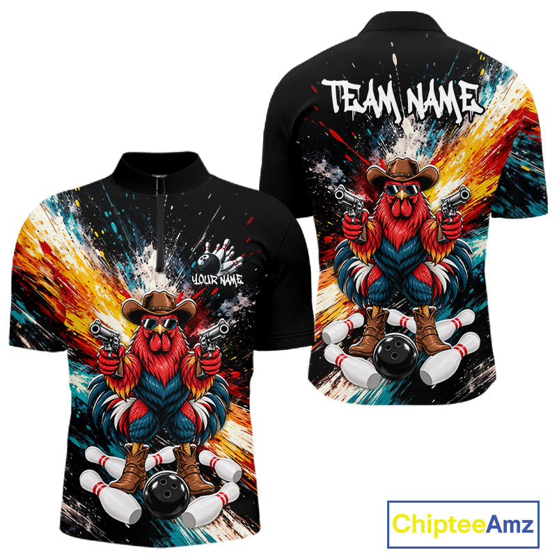 Custom Colorful Funny Cowboy Rooster Gun Bowling Team Shirts Bowling League Shirts