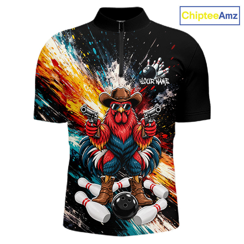 Custom Colorful Funny Cowboy Rooster Gun Bowling Team Shirts Bowling League Shirts