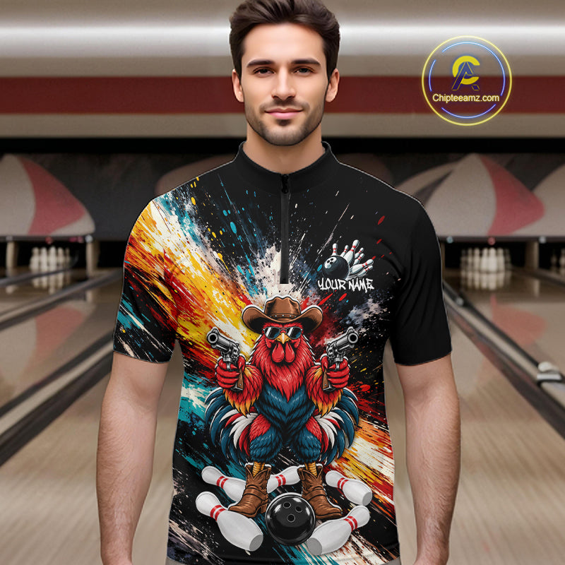 Custom Colorful Funny Cowboy Rooster Gun Bowling Team Shirts Bowling League Shirts