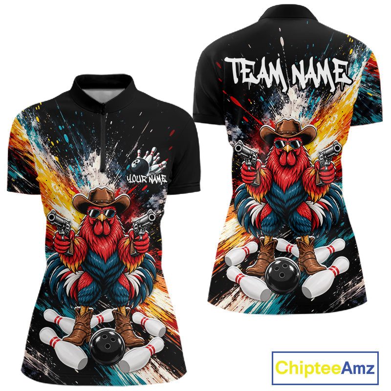 Custom Colorful Funny Cowboy Rooster Gun Bowling Team Shirts Bowling League Shirts