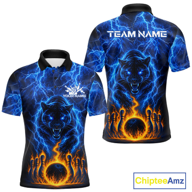 Custom Blue Flame Panther Bowling Team Shirts Bowling League Shirts Polo & 1/4 Zip