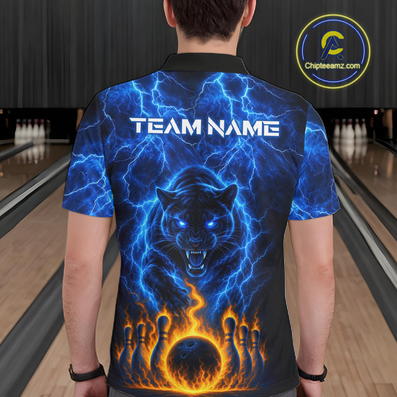 Custom Blue Flame Panther Bowling Team Shirts Bowling League Shirts Polo & 1/4 Zip