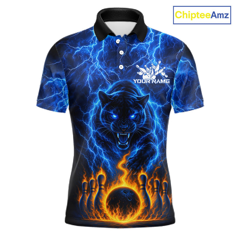 Custom Blue Flame Panther Bowling Team Shirts Bowling League Shirts Polo & 1/4 Zip