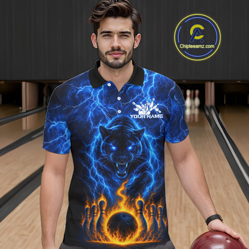 Custom Blue Flame Panther Bowling Team Shirts Bowling League Shirts Polo & 1/4 Zip