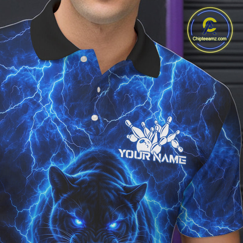 Custom Blue Flame Panther Bowling Team Shirts Bowling League Shirts Polo & 1/4 Zip