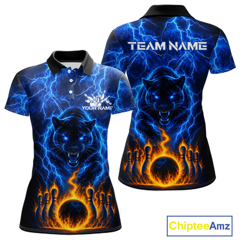 Custom Blue Flame Panther Bowling Team Shirts Bowling League Shirts Polo & 1/4 Zip