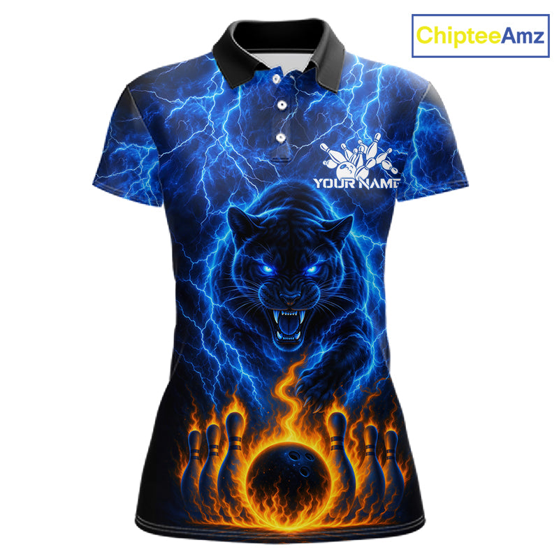 Custom Blue Flame Panther Bowling Team Shirts Bowling League Shirts Polo & 1/4 Zip
