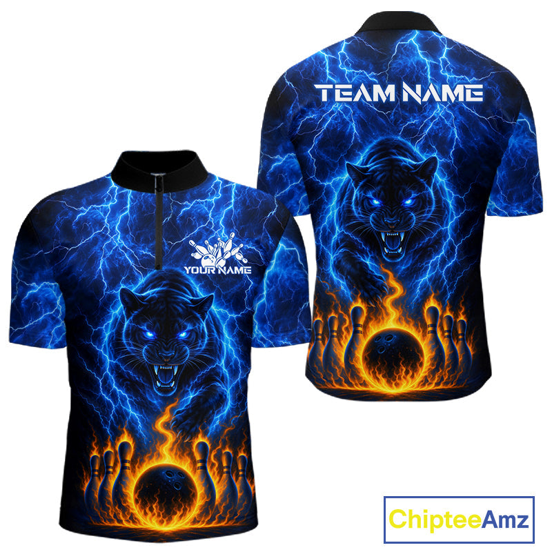 Custom Blue Flame Panther Bowling Team Shirts Bowling League Shirts Polo & 1/4 Zip