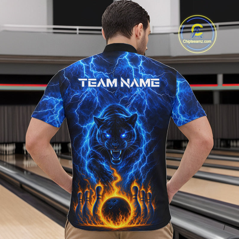 Custom Blue Flame Panther Bowling Team Shirts Bowling League Shirts Polo & 1/4 Zip