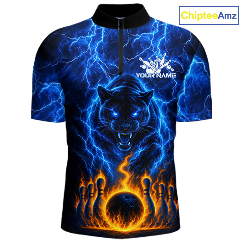 Custom Blue Flame Panther Bowling Team Shirts Bowling League Shirts Polo & 1/4 Zip