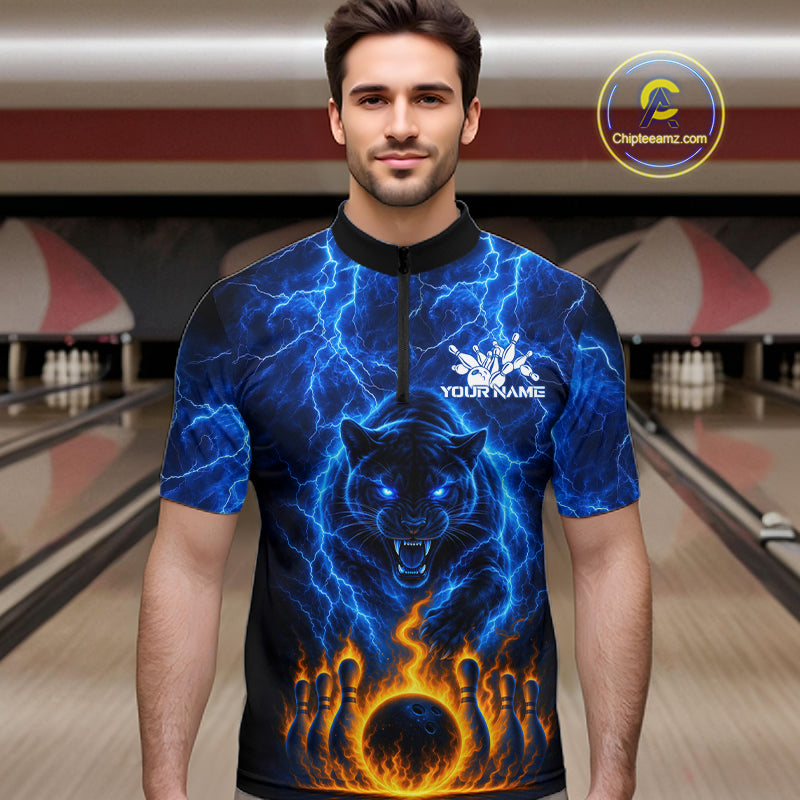 Custom Blue Flame Panther Bowling Team Shirts Bowling League Shirts Polo & 1/4 Zip
