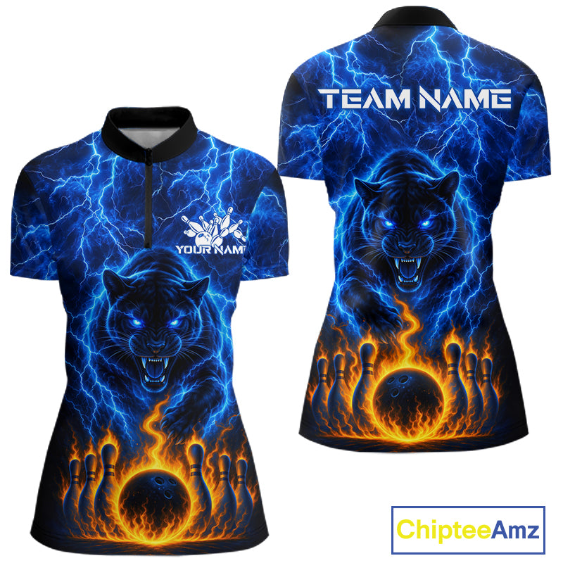 Custom Blue Flame Panther Bowling Team Shirts Bowling League Shirts Polo & 1/4 Zip