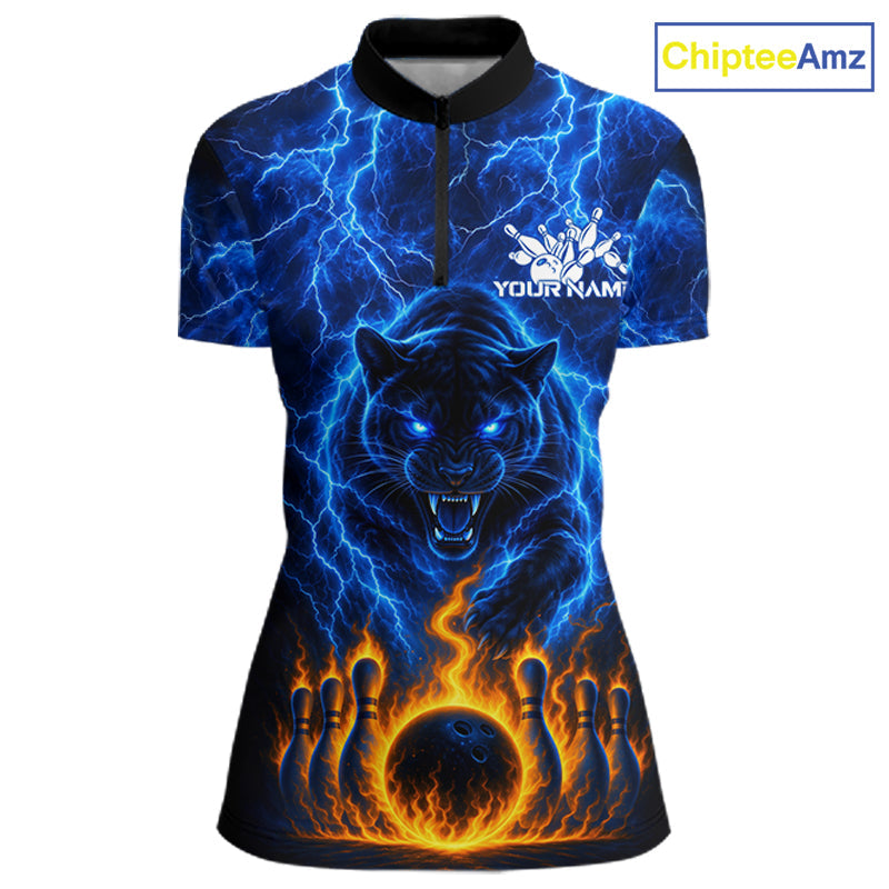 Custom Blue Flame Panther Bowling Team Shirts Bowling League Shirts Polo & 1/4 Zip