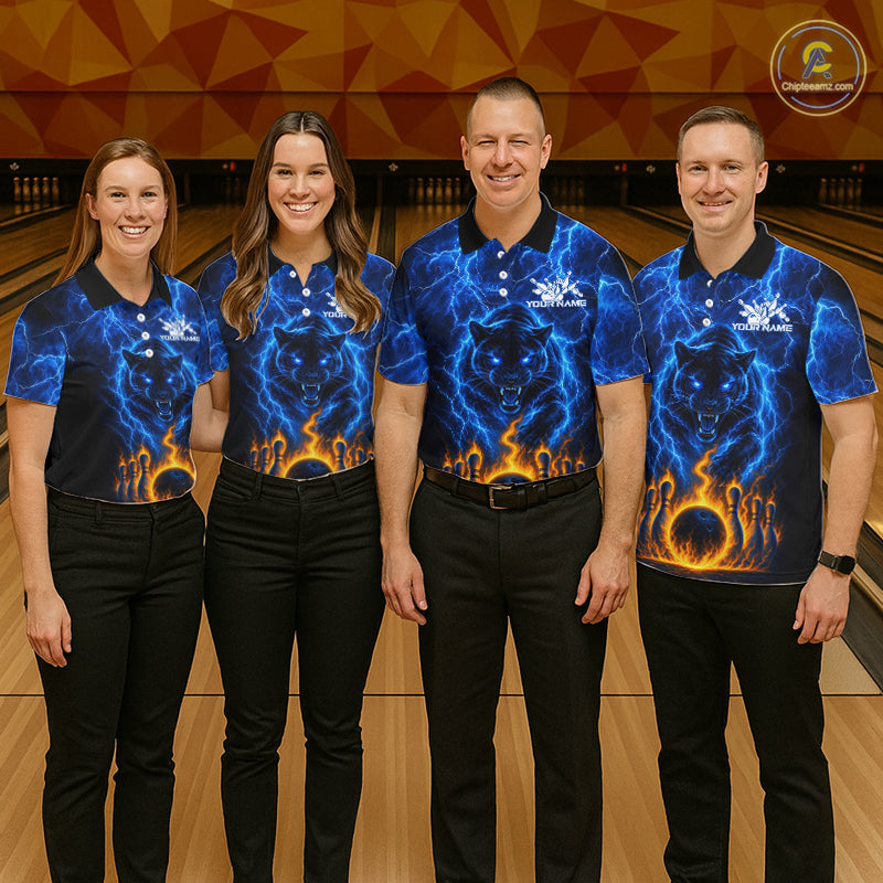 Custom Blue Flame Panther Bowling Team Shirts Bowling League Shirts Polo & 1/4 Zip
