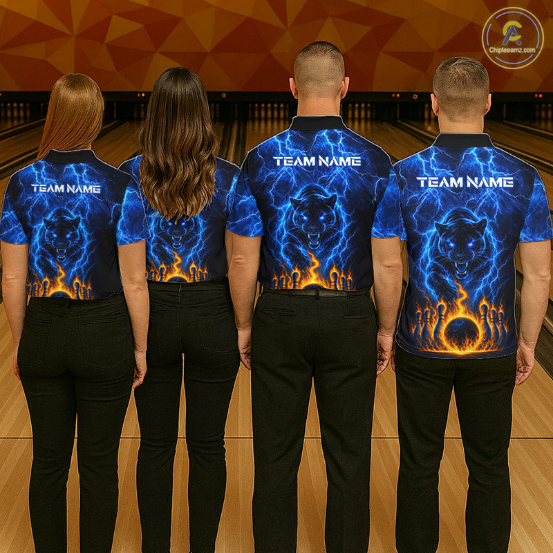 Custom Blue Flame Panther Bowling Team Shirts Bowling League Shirts Polo & 1/4 Zip
