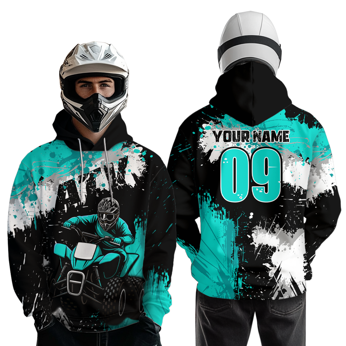 Turquoise Atv Motocross Hoodie Personalized Upf30+ Adult& Quad Bike Shirt Atv Mx Off-Road Extreme