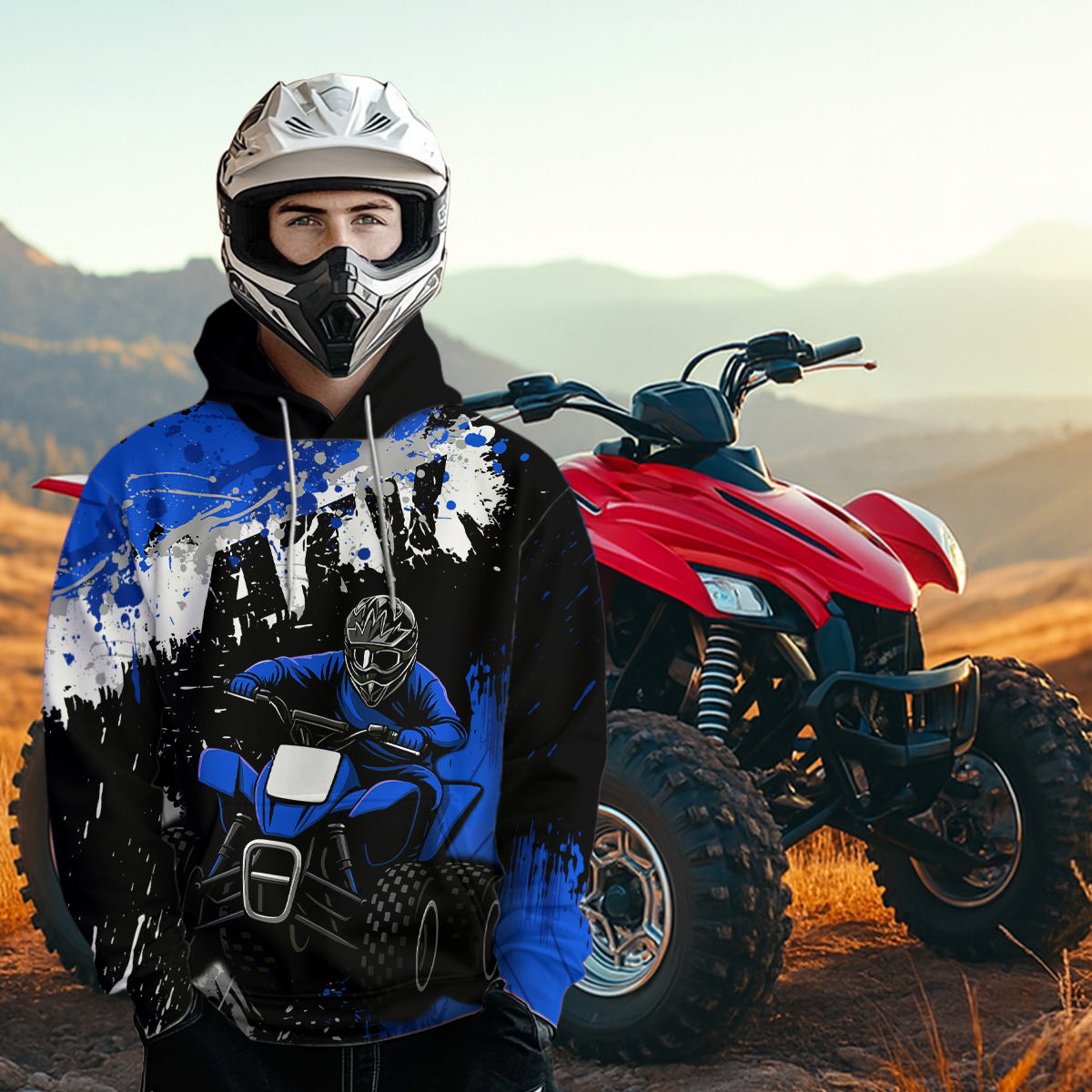 Blue ATV Motocross Hoodie Personalized Upf30+ Adult& Quad Bike Shirt Atv Mx Off-Road Extreme