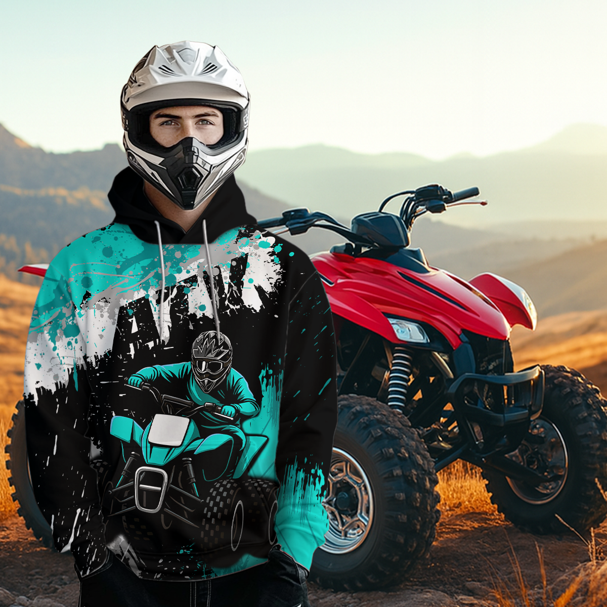 Turquoise Atv Motocross Hoodie Personalized Upf30+ Adult& Quad Bike Shirt Atv Mx Off-Road Extreme