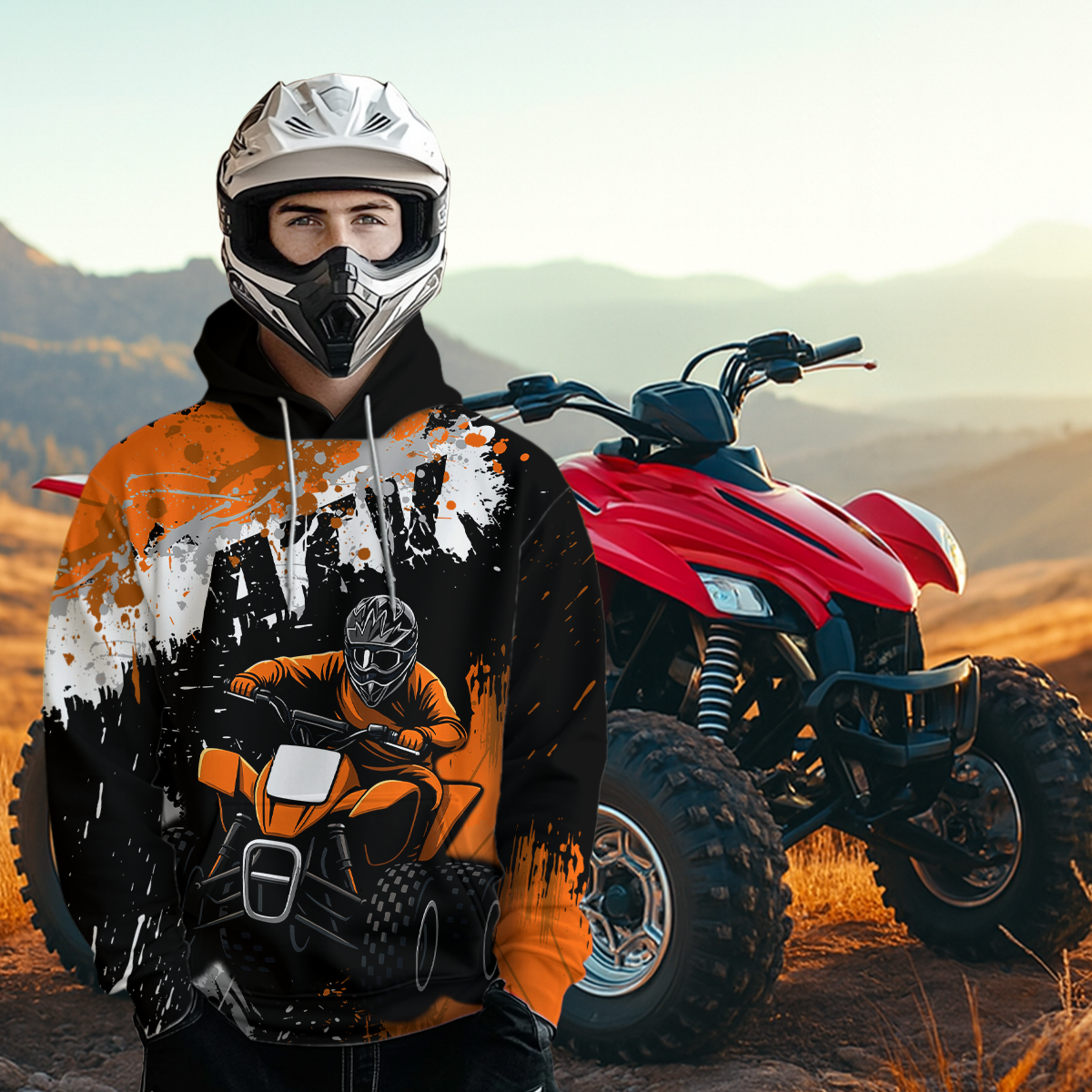 Orange ATV Motocross Hoodie Personalized Upf30+ Adult& Quad Bike Shirt Atv Mx Off-Road Extreme
