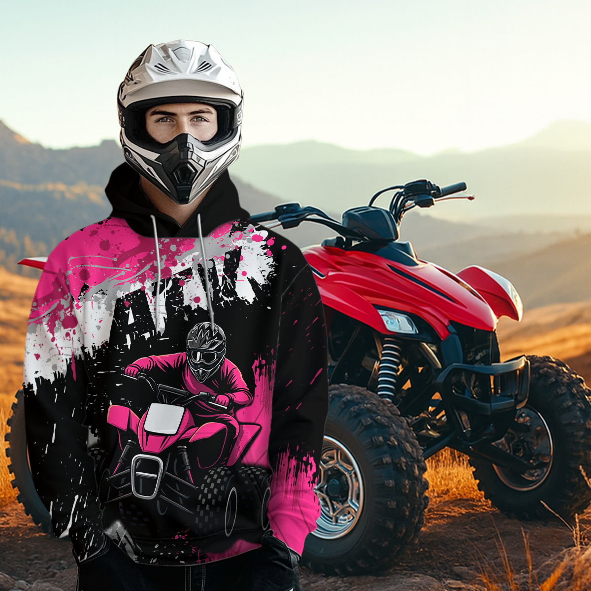 Pink Girls ATV Motocross Hoodie Personalized Upf30+ Adult& Quad Bike Shirt Atv Mx Off-Road Extreme