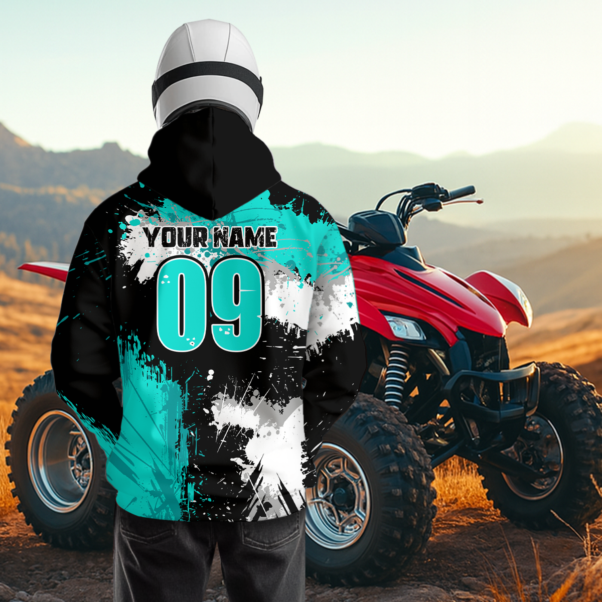 Turquoise Atv Motocross Hoodie Personalized Upf30+ Adult& Quad Bike Shirt Atv Mx Off-Road Extreme