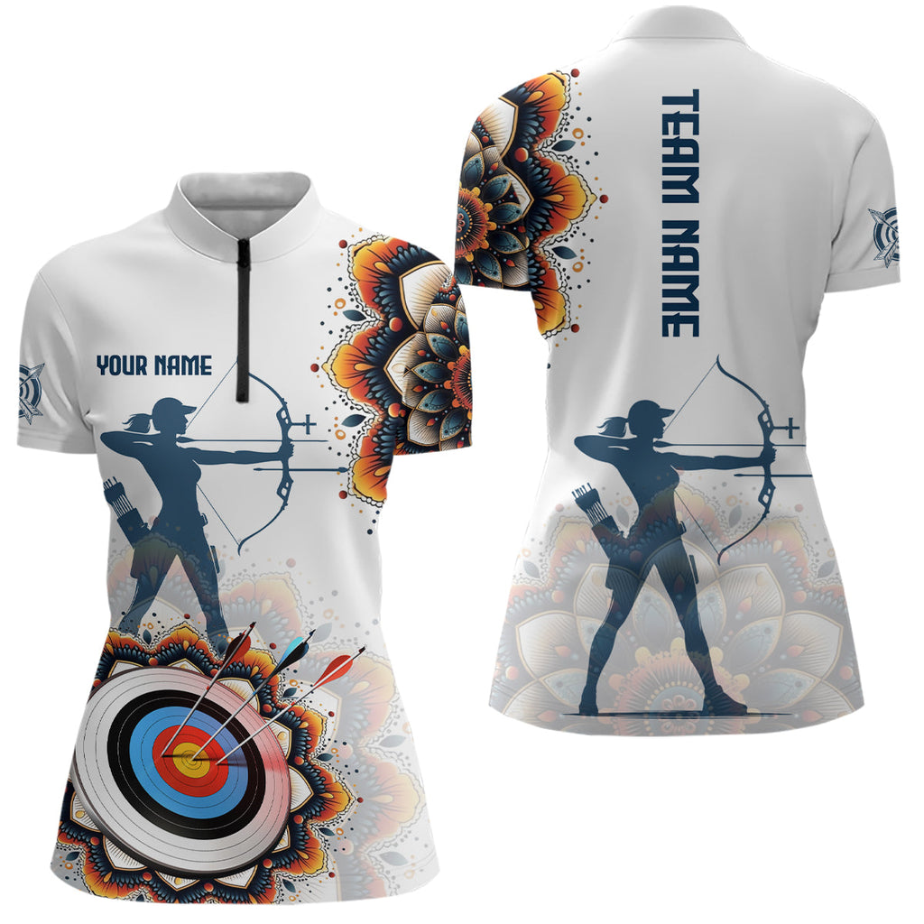 Personalized Mandala Flower Archery Target Custom Quarter-Zip Shirt, Archery Shirts For Archer