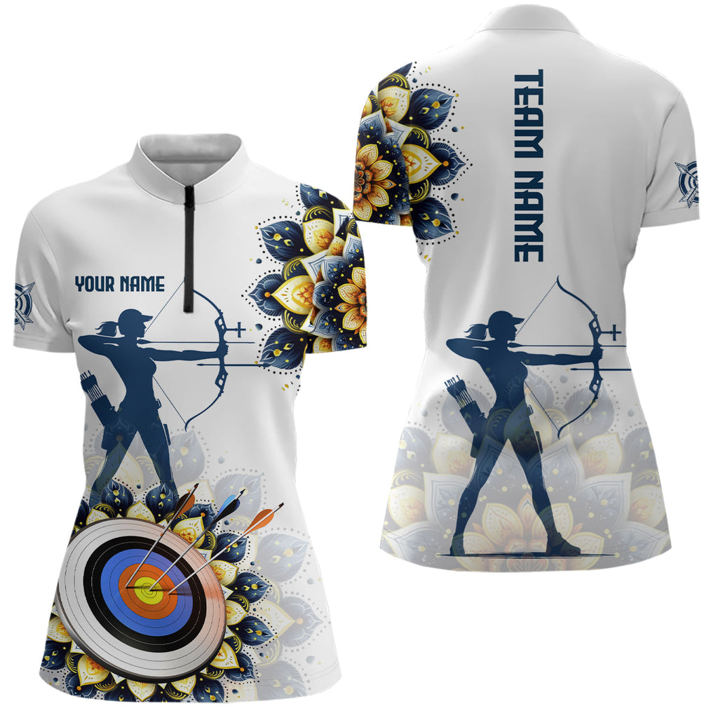 Mandala Flower Archery Custom Name Quarter-Zip Shirt, Archery Shirts For Archer