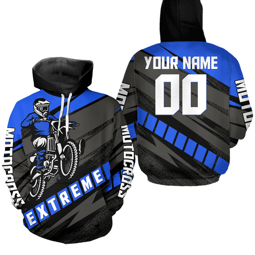Personalized Blue Motocross Hoodie Dirt Bike Racing Hoodie for Adult