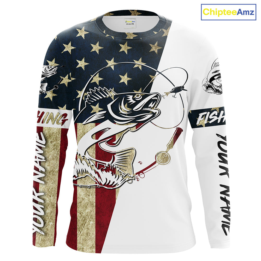 Walleye Fishing American Flag Custom Long Sleeve Fishing Shirts, Personalized Patriotic Fishing Gifts UV clothing