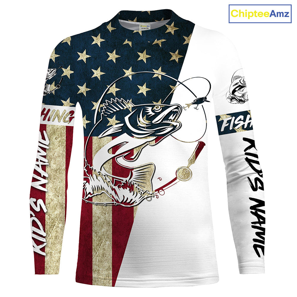 Walleye Fishing American Flag Custom Long Sleeve Fishing Shirts, Personalized Patriotic Fishing Gifts UV clothing