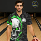 Custom Green Flame Skull Bowling Hawaiian Shirt And, Halloween Bowler Jerseys