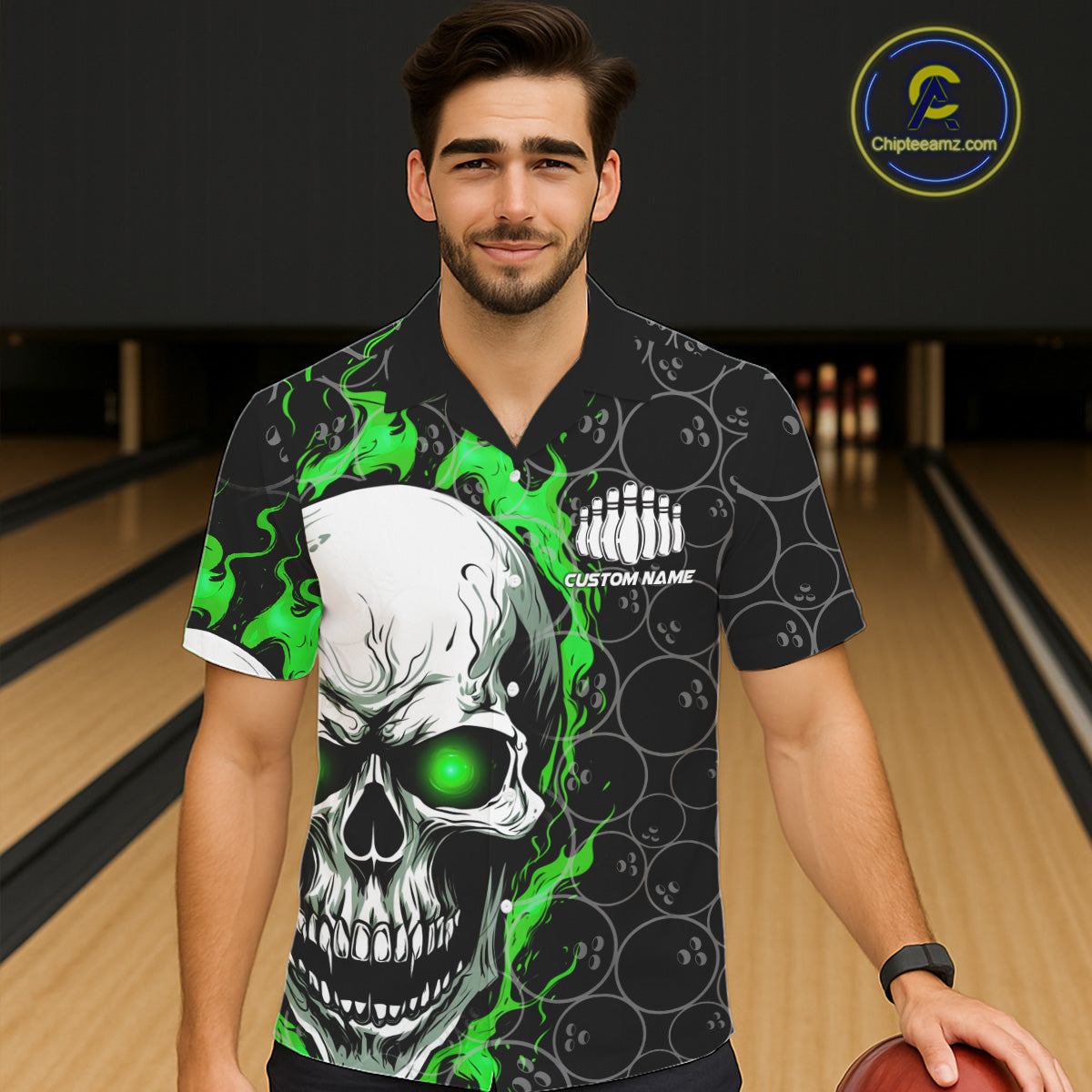 Custom Green Flame Skull Bowling Hawaiian Shirt And, Halloween Bowler Jerseys