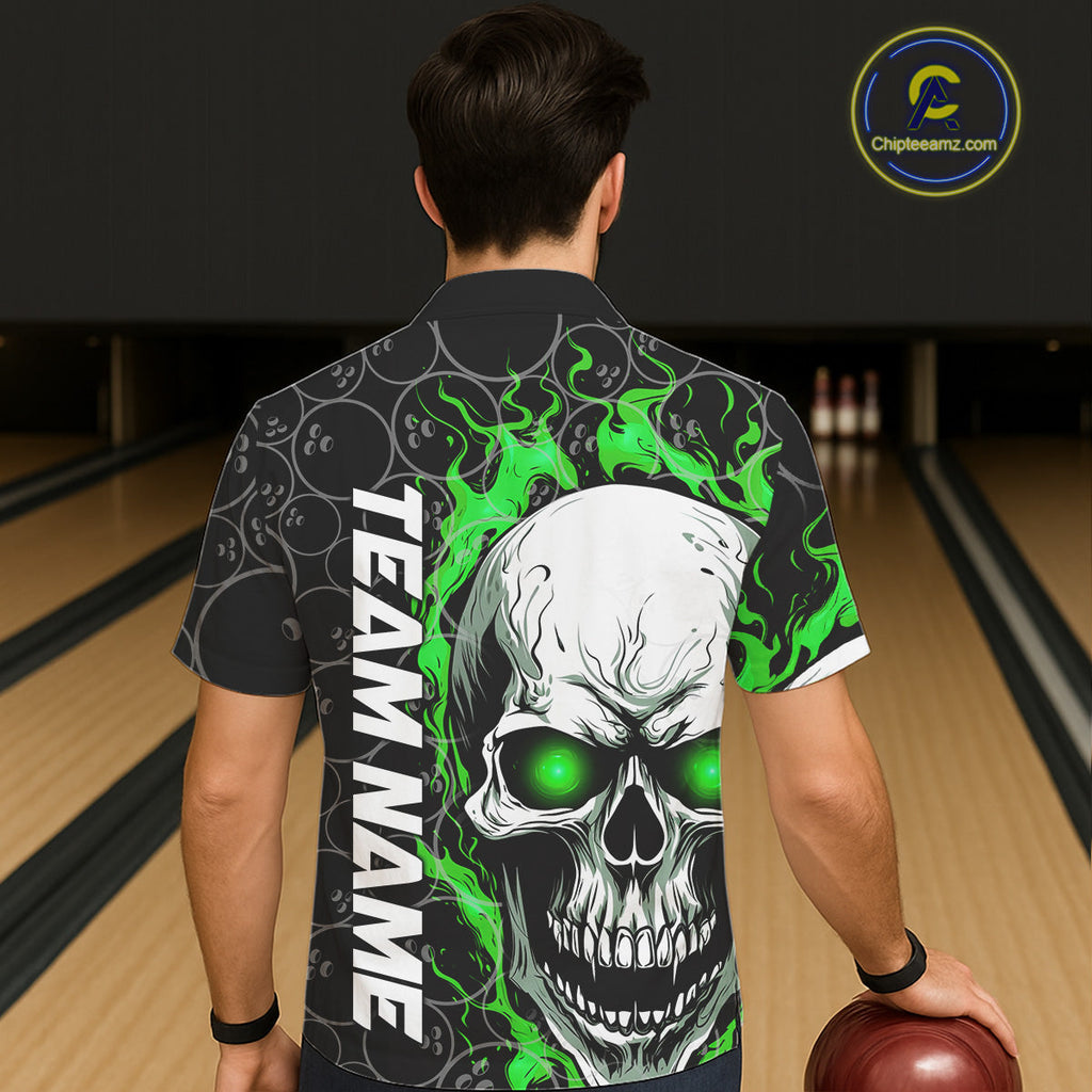 Custom Green Flame Skull Bowling Hawaiian Shirt And, Halloween Bowler Jerseys