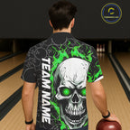 Custom Green Flame Skull Bowling Hawaiian Shirt And, Halloween Bowler Jerseys